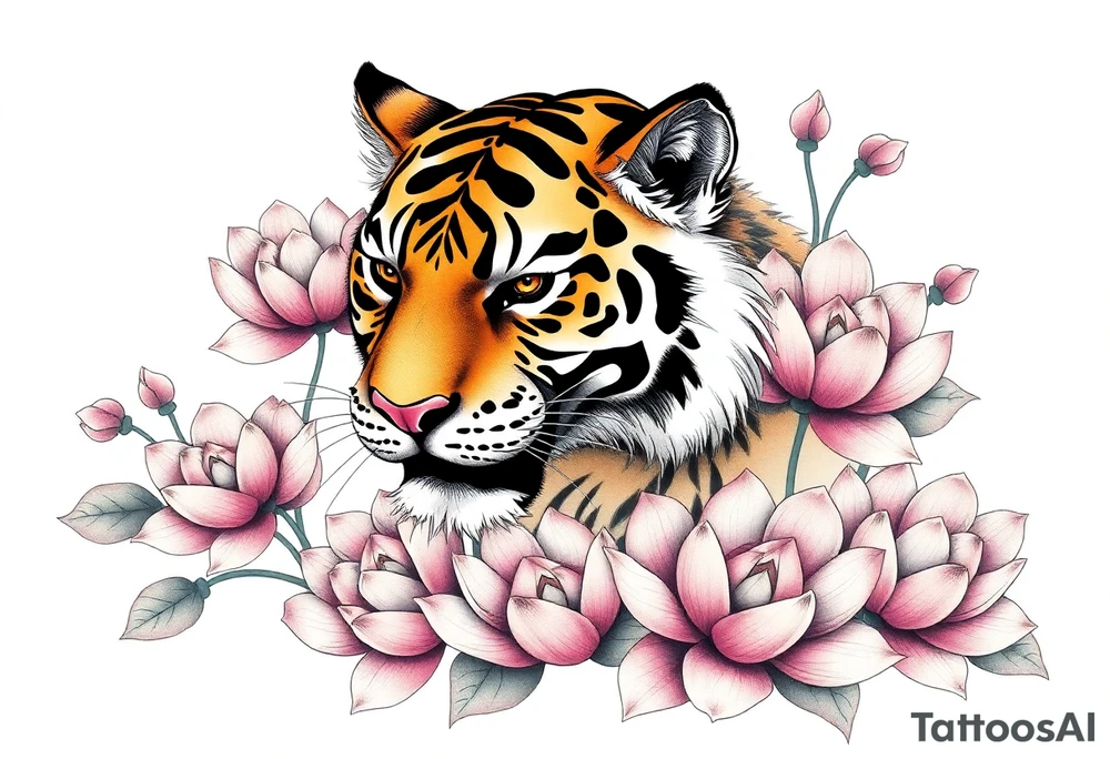 fierce tiger emerging through blooming lotus flowers in mist tattoo idea