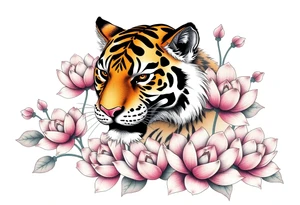 fierce tiger emerging through blooming lotus flowers in mist tattoo idea