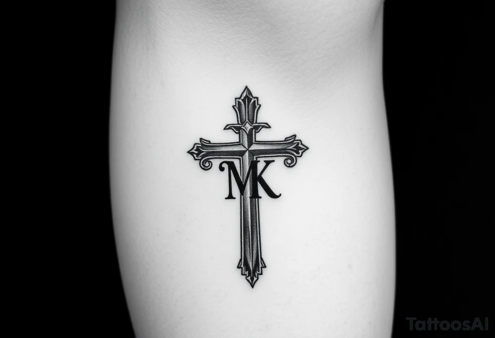 Cross with necklace on leg with initial MK tattoo idea