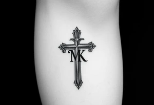 Cross with necklace on leg with initial MK tattoo idea