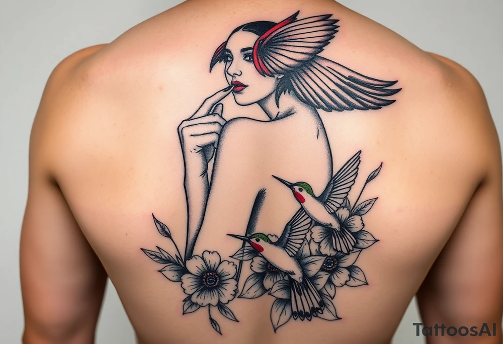 A sexy woman portrait body giving a sexy look and finger in mouth, a black cockatoo red tail flying above her and below her a hummingbird hovering over flowers. Leg design tattoo idea