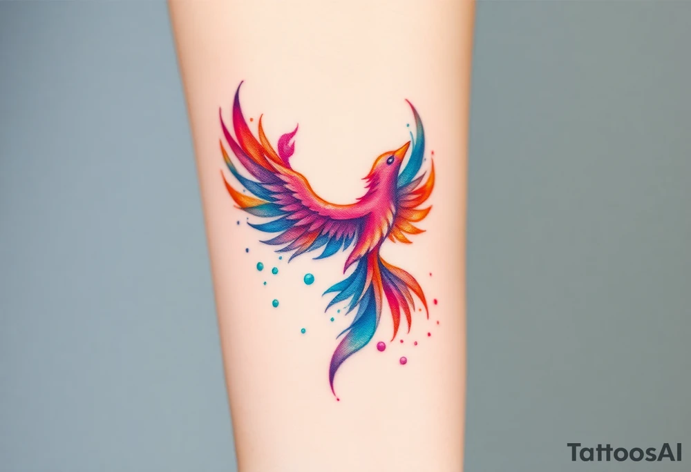 Phoenix in fire with purple, blue, orange, teal and green splashes, looking up tattoo idea