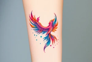 Phoenix in fire with purple, blue, orange, teal and green splashes, looking up tattoo idea