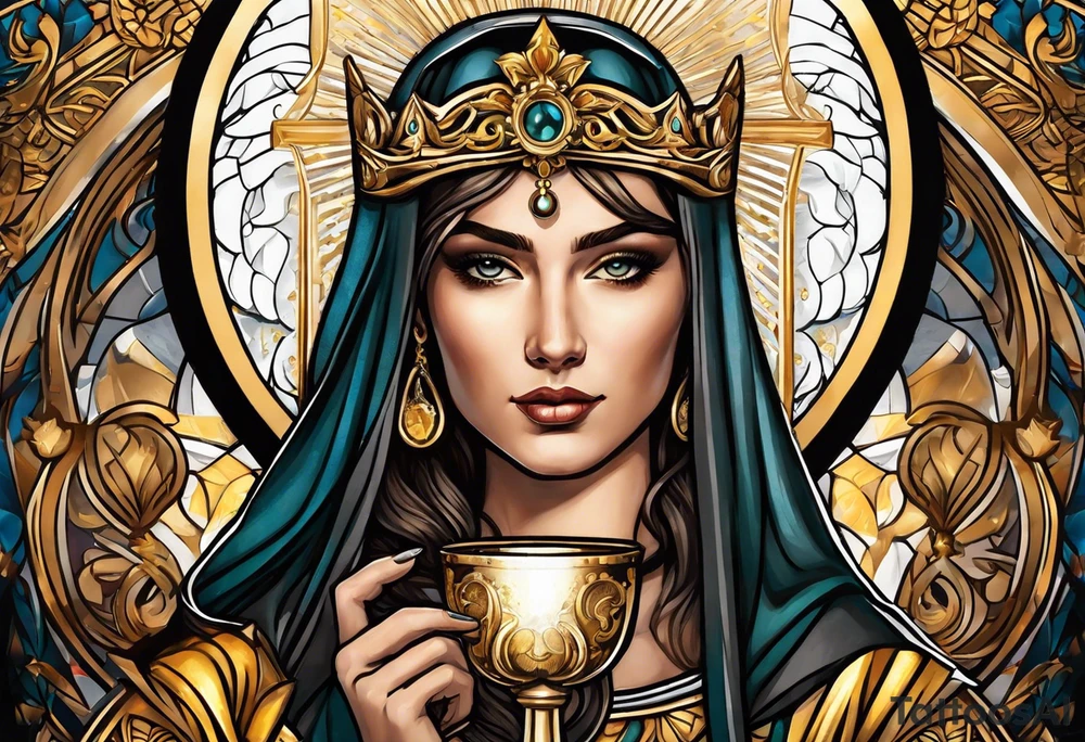 woman saint holding chalice surrounded by golden halo portrait tattoo idea
