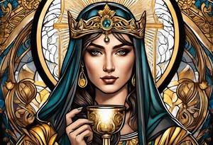 woman saint holding chalice surrounded by golden halo portrait tattoo idea
