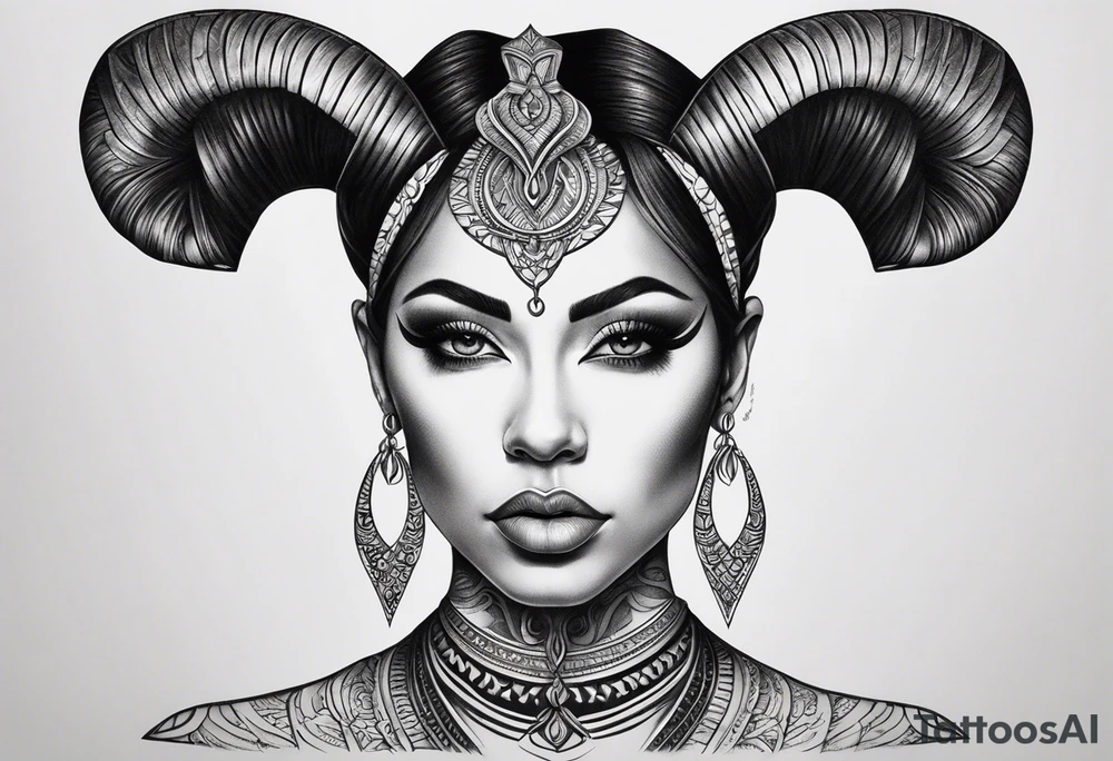 symmetrical woman head with curved horns facing downwards dark realism looking front facing view, ultra-detailed, high quality, high sharpness, hyper-realism, hyper-photorealistic, hyper-realistic tattoo idea