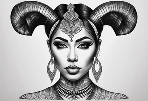 symmetrical woman head with curved horns facing downwards dark realism looking front facing view, ultra-detailed, high quality, high sharpness, hyper-realism, hyper-photorealistic, hyper-realistic tattoo idea