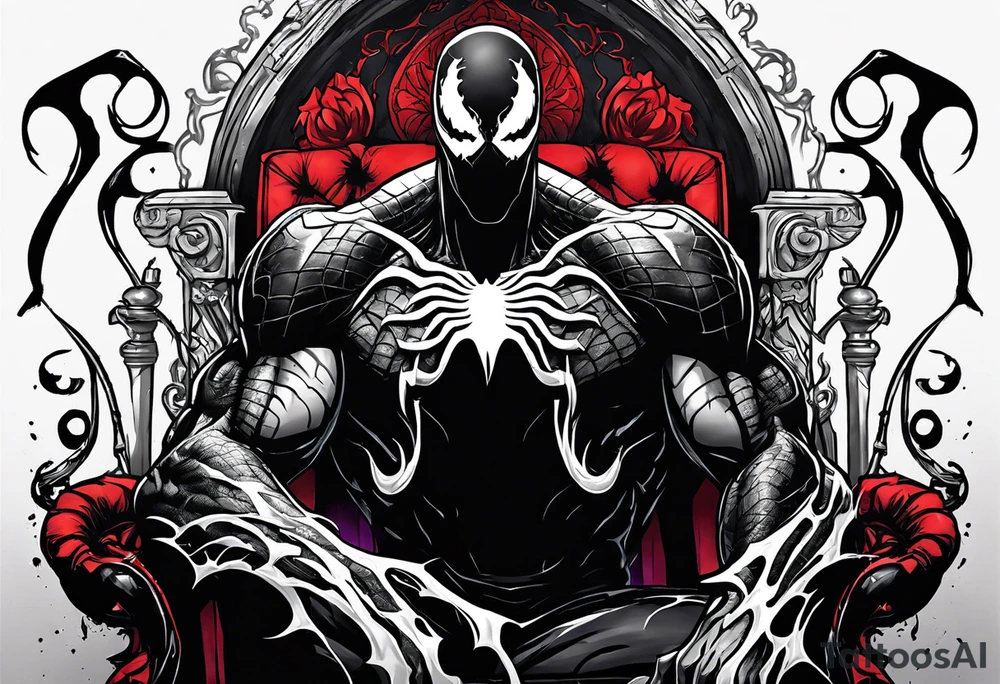 Smiling Venom on the symbiote throne with paint drip with Kobe’s black mamba symbol on the chest tattoo idea