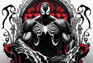 Smiling Venom on the symbiote throne with paint drip with Kobe’s black mamba symbol on the chest tattoo idea