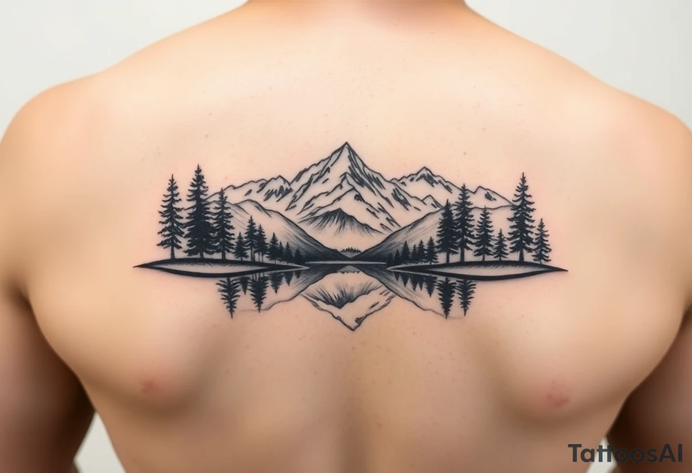 A vignette with a lake and mountains with trees tattoo idea