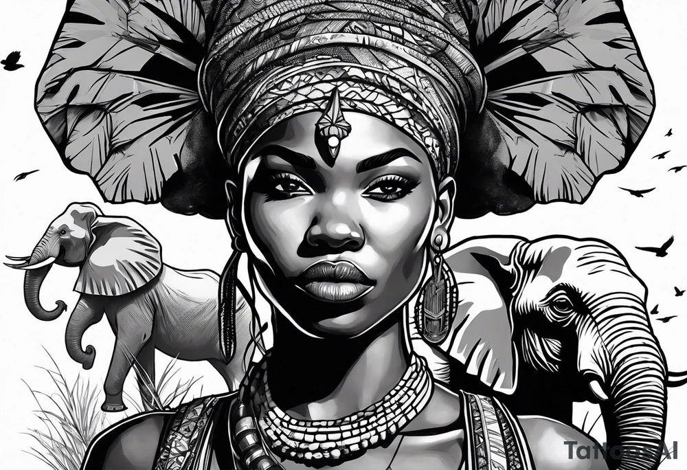 African woman warrior holding a spear with a mean look on her face with birds in the background and elephants tattoo idea
