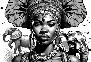 African woman warrior holding a spear with a mean look on her face with birds in the background and elephants tattoo idea