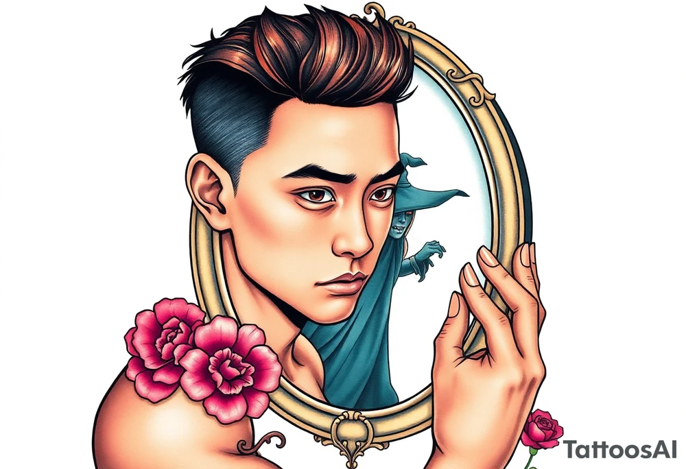 Handsome Asian young guy is looking in cursed mirror and see a witch tattoo idea
