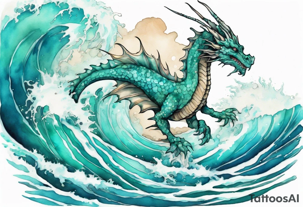 a pretty turquoise sea dragon emerging from an ocean wave, crashing onto the shore tattoo idea