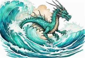 a pretty turquoise sea dragon emerging from an ocean wave, crashing onto the shore tattoo idea