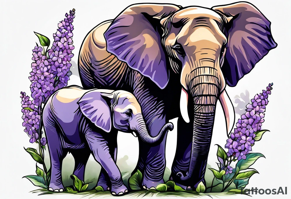 Elephant with baby Elephant holding lilacs tattoo idea