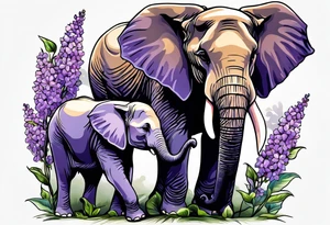Elephant with baby Elephant holding lilacs tattoo idea