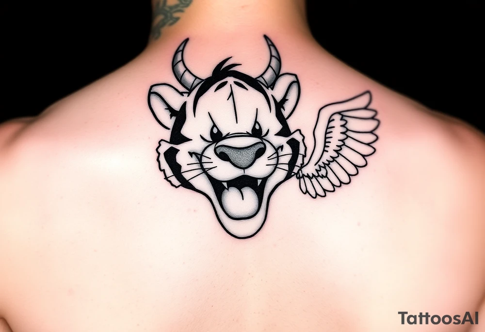 Cartoon tigger from Winnie the Pooh with a mad face devil horns and one as an angel tattoo idea