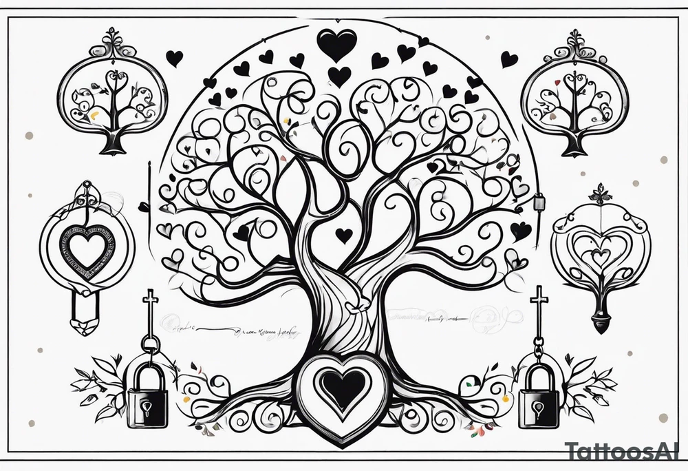 Family tree with lock and hearts for each person tattoo idea