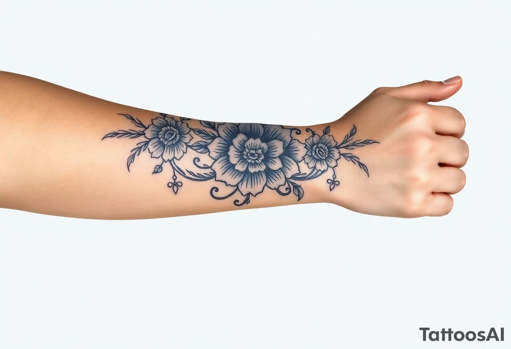 forearm porcelain blue style with ornate and floral decor with a detailed banded border at the wrist and elbow. tattoo idea