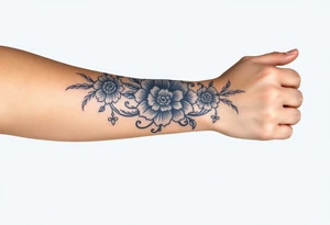 forearm porcelain blue style with ornate and floral decor with a detailed banded border at the wrist and elbow. tattoo idea