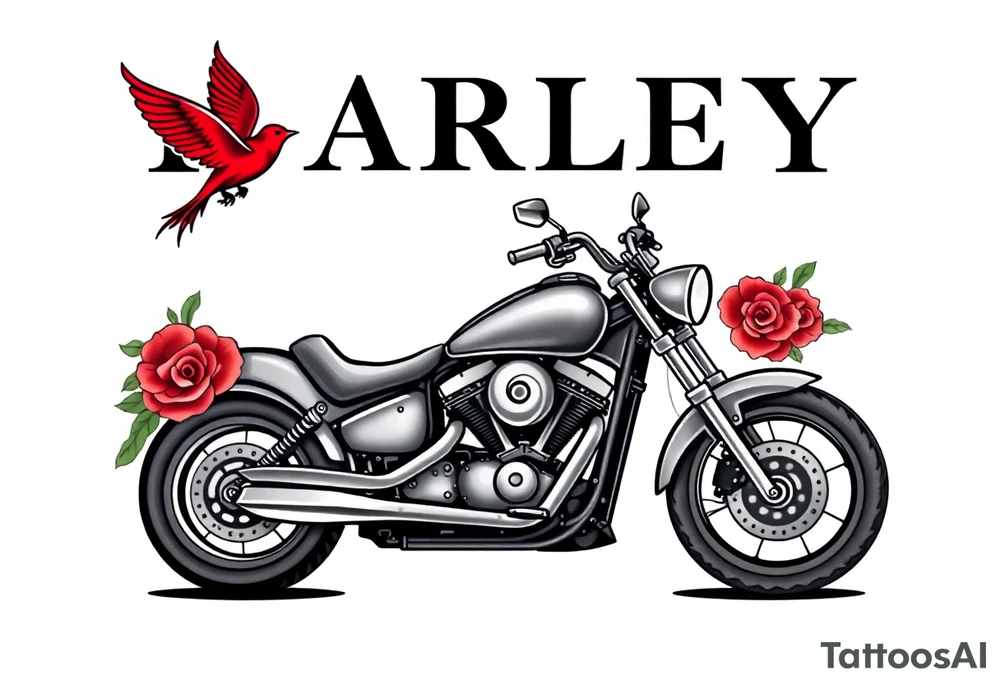 Harley grey motorcycle driving away, two red birds flying, roses, flames, angel wings tattoo idea