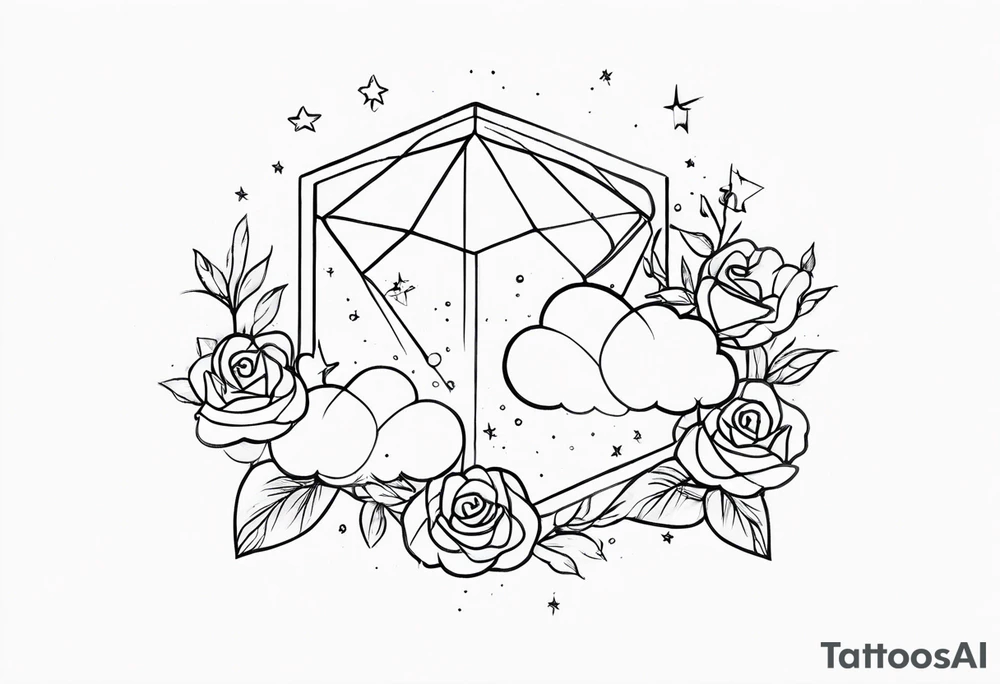 Clouds with tesseract inside and small roses and stars around it tattoo idea