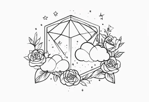 Clouds with tesseract inside and small roses and stars around it tattoo idea