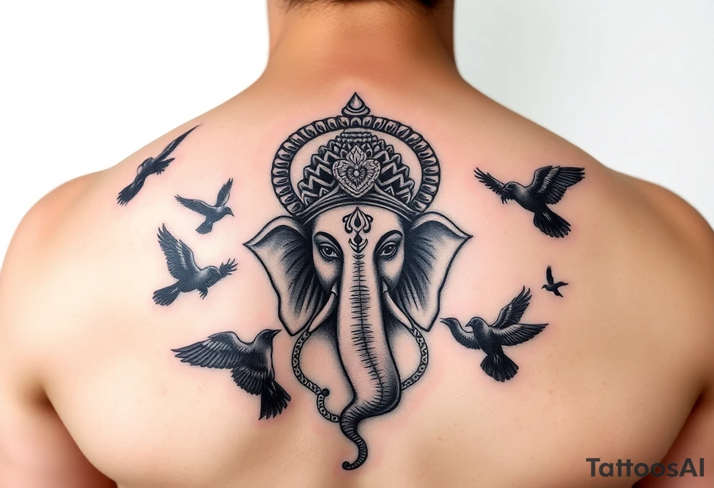 black and white Ganesha head tattoo with crows fly towards and away from him tattoo idea