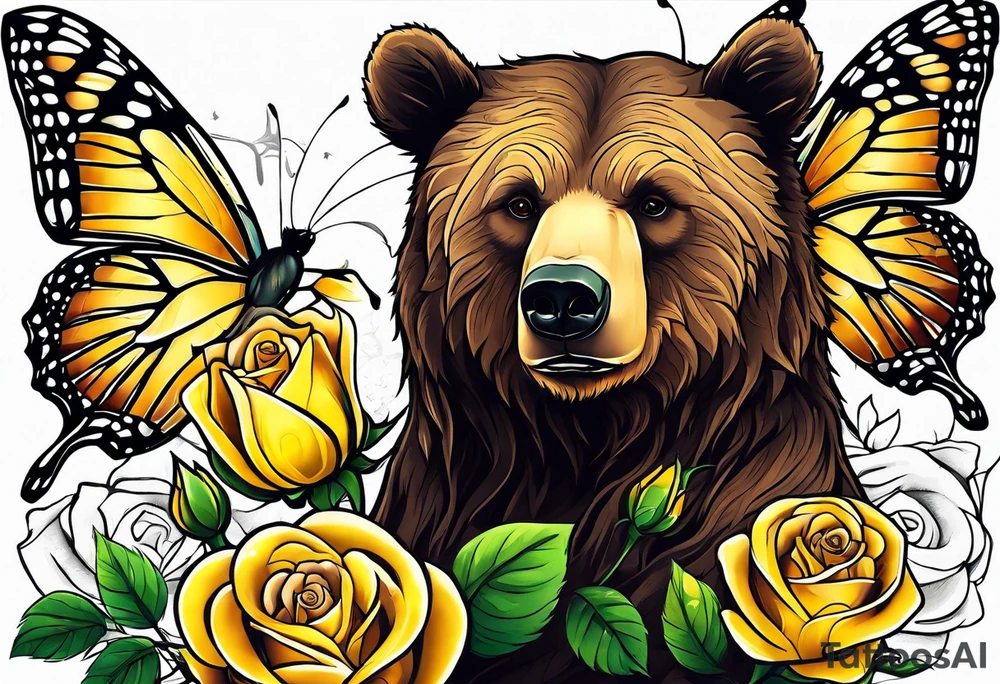 Bear under the tree of life with yellow roses and three butterflies for an upper arm tattoo. tattoo idea