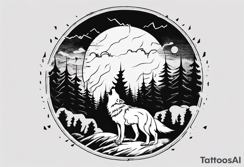thunderstorm over a forest with a wolf howling on drums tattoo idea thunderstorm over a forest with a wolf howling on drums tattoo idea