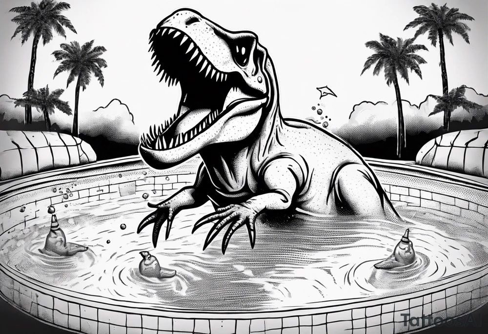 silly happy t rex in a pool wearing water polo cap tattoo idea