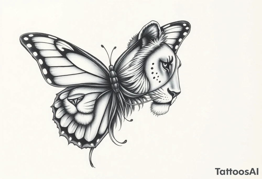 a butterfly half side with lions face tattoo idea