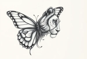 a butterfly half side with lions face tattoo idea