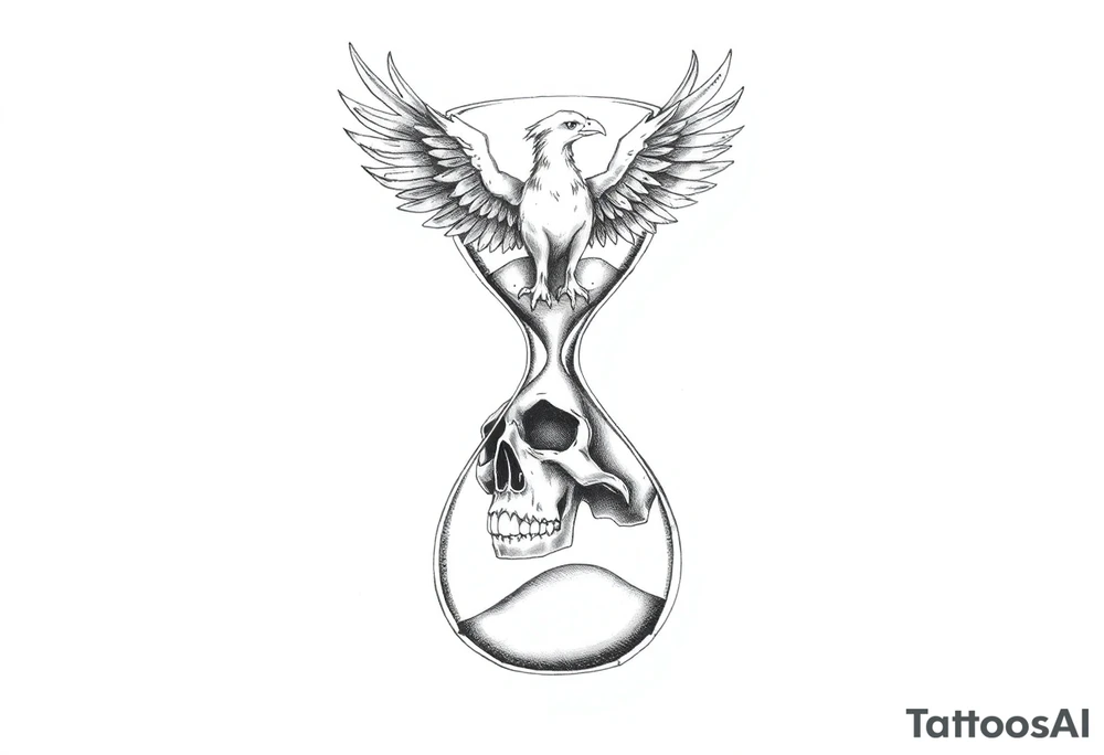 A cracked hourglass with the sands forming a skull below and a phoenix rising from the top. tattoo idea