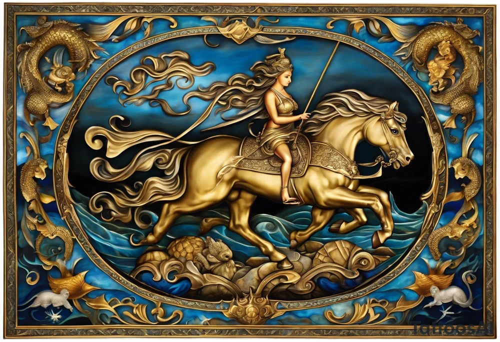 the tatto will be large in the middle there are sea horses pulling a chariot they are the mythical beast castor and phalox, on the upper right is a blue nose and a rock sourrounded by water, on the upper left is a turtle with a golden shell and on the bottom is a ribbon with a sparrow on each side holding it up tattoo idea