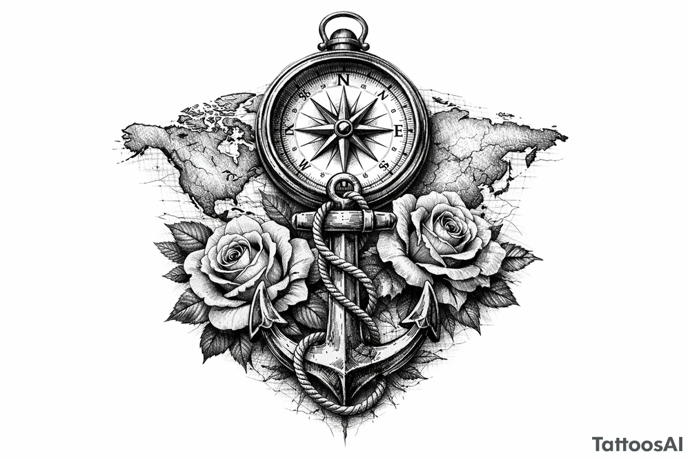a compass under it an anchor, roses,world map. tattoo idea