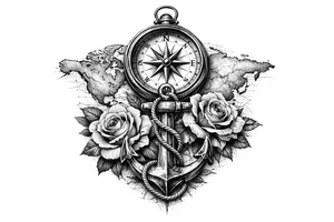 a compass under it an anchor, roses,world map. tattoo idea