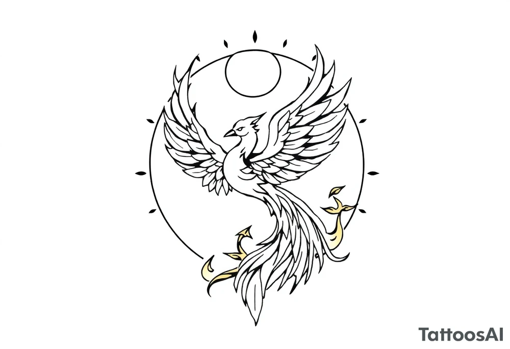 magical phoenix rising from golden flames with trailing embers surrounded by geometric sun and moon tattoo idea