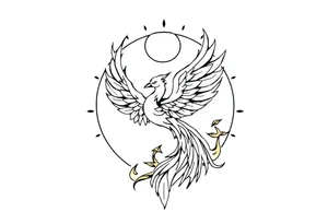 magical phoenix rising from golden flames with trailing embers surrounded by geometric sun and moon tattoo idea