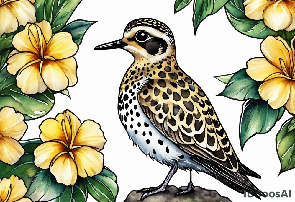 Pacific golden plover with Hawaiian flowers tattoo idea