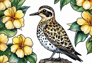 Pacific golden plover with Hawaiian flowers tattoo idea