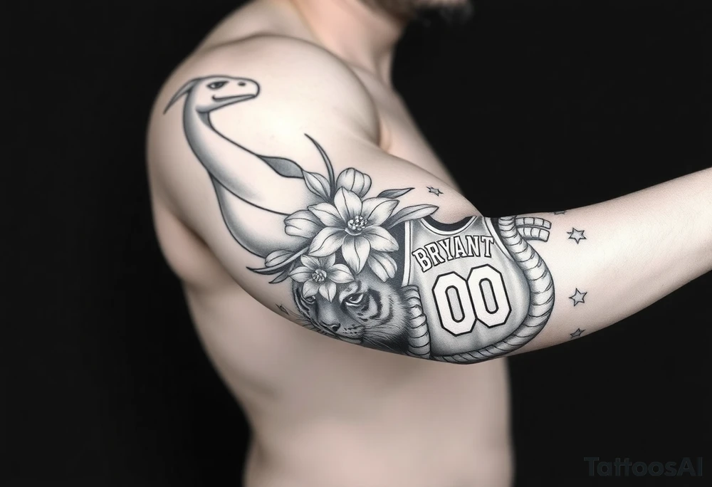 Create an arm tattoo from elbow to shoulder that includes the pokemon charizard, the kobe bryant logo, 1 lily of the valley with 3 daffodils, a tiger, and a basketball jersey with the number 0. tattoo idea