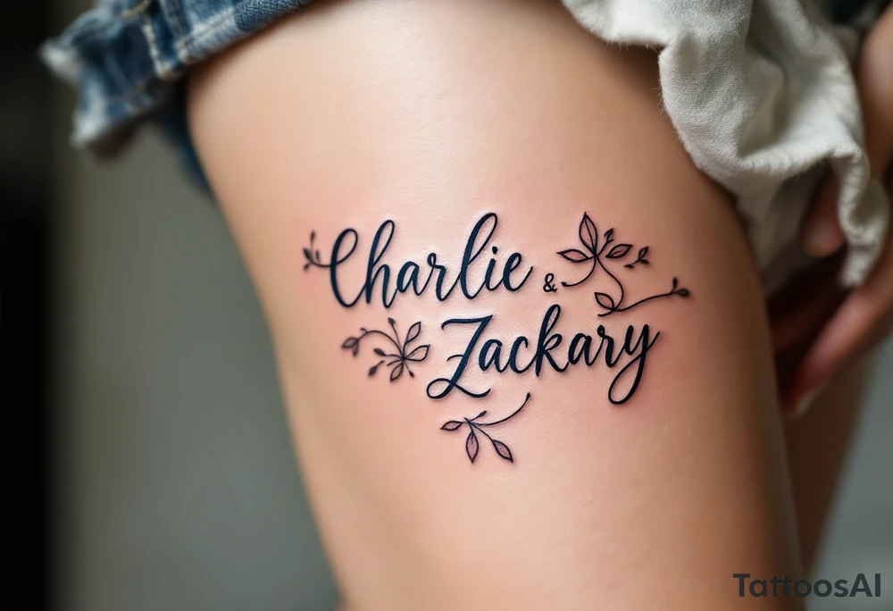 Create a delicate tattoo design that seamlessly integrates the names "Charlie" and "Zackary" in graceful, flowing cursive. Enclose the names within a softly stylized symbol that embodies strength and unity . The overall design should evoke warmth and protection while remaining refined and understated tattoo idea