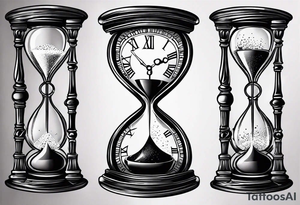 draw a clock/hourglass. They are surrounded by Roman numerals. It is a black and white tattoo for the right shoulder of a man tattoo idea