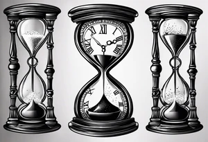 draw a clock/hourglass. They are surrounded by Roman numerals. It is a black and white tattoo for the right shoulder of a man tattoo idea