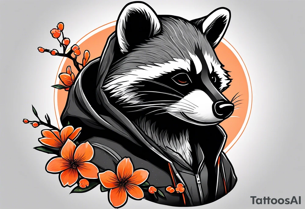 Raccoon wearing a white Superman logo on a black hoodie and orange Japanese cherry blossoms tattoo idea