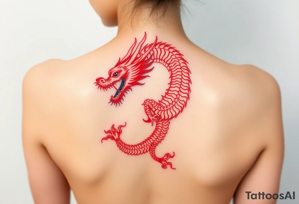Big red chinese dragon along spine tattoo idea