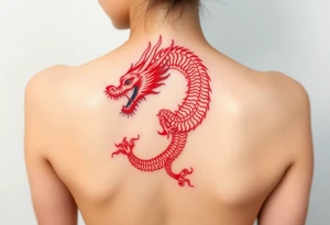 Big red chinese dragon along spine tattoo idea