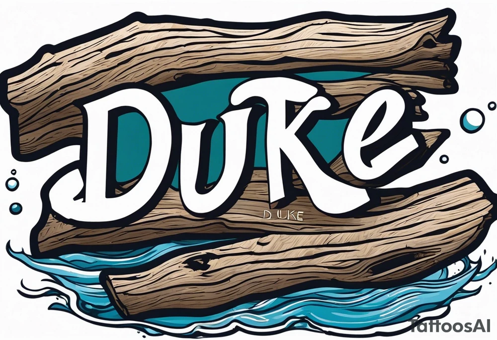 piece of driftwood underwater with the word duke written in the wood tattoo idea